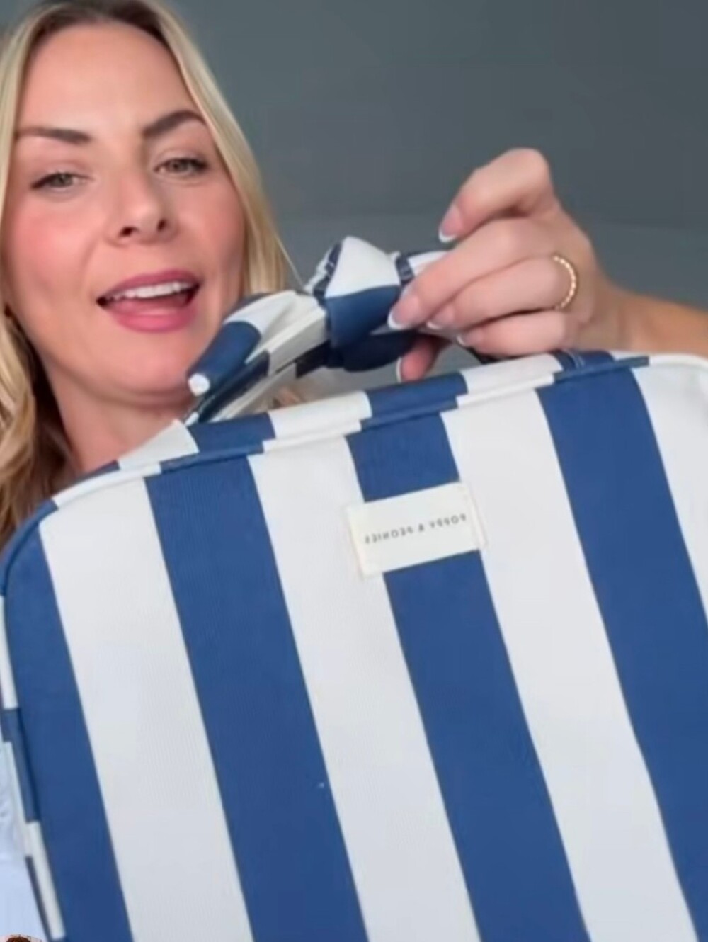 Poppy & Peonies Navy and Cream Striped Canvas 'Hook Me Up' Cosmetic Case.